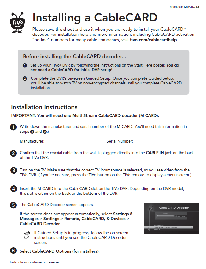 Download the CableCARD installation instructions PDF